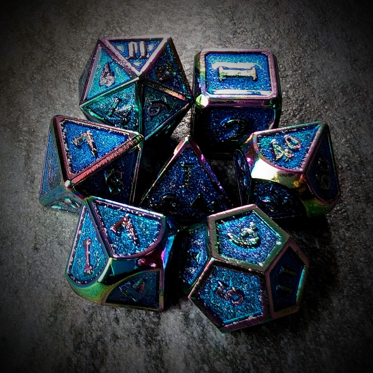 Glitter Blue Enamel in Rainbow Metal - 7pcs RPG Dice Set