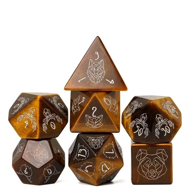 Beasts on Tigers Eye Gemstone - 7pcs RPG Dice Set