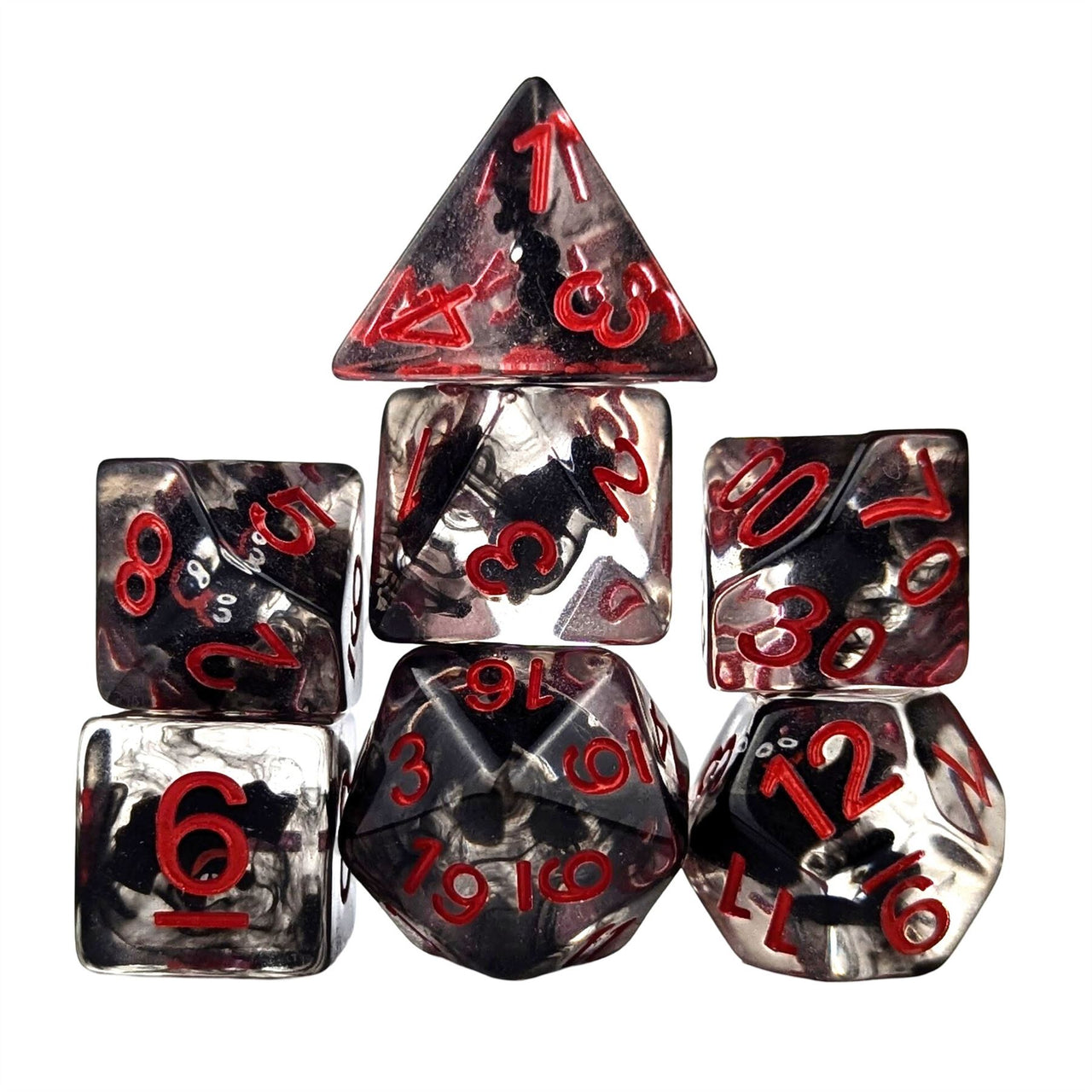 Vampire Bat in Clear & Black Resin - 7pcs RPG Full Dice Set