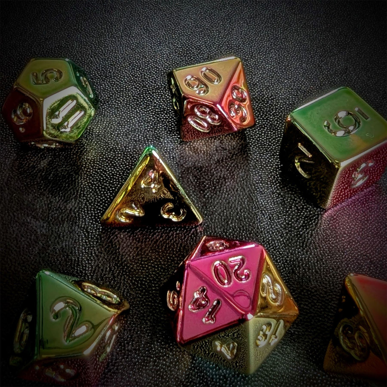 Yellow, Pink & Green Metallic Acrylic - 7pcs RPG Dice Set