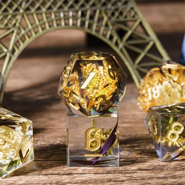 Yellow Flower in Clear Filled Sharp Resin - 7pcs RPG Dice Set