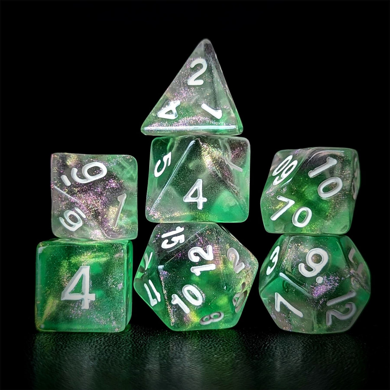 Glitter in Pink & Green in Clear Acrylic - 7pcs RPG Full Dice Set Dark Stack