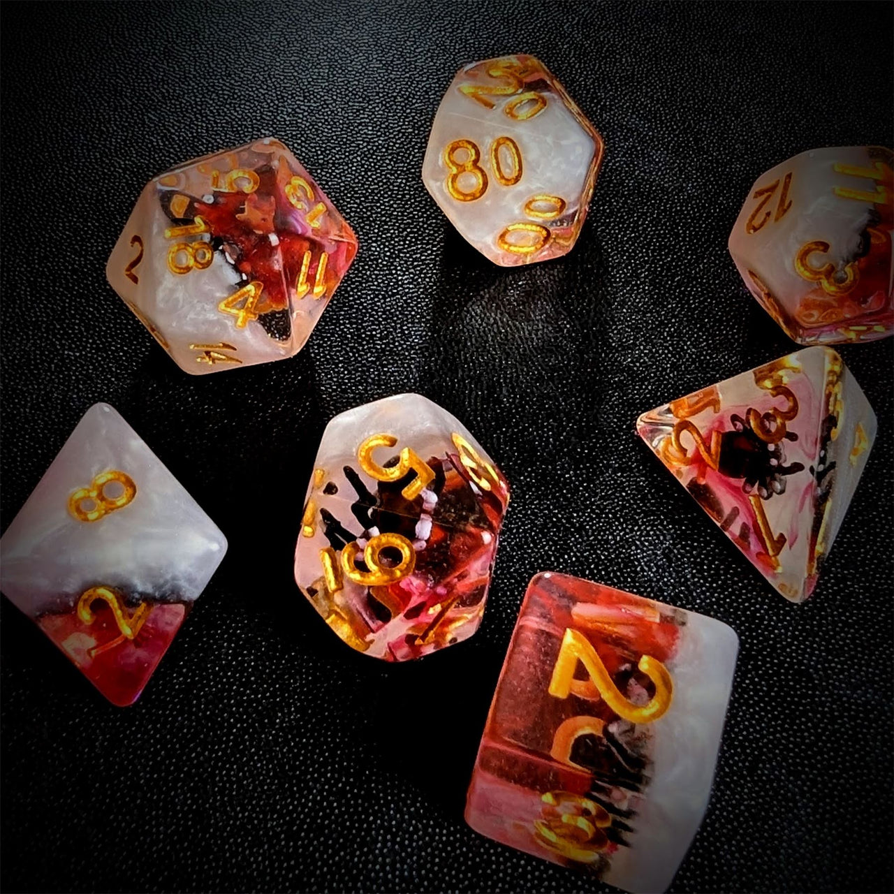 Black Spider in Pink & Clear Resin - 7pcs RPG Full Dice Set