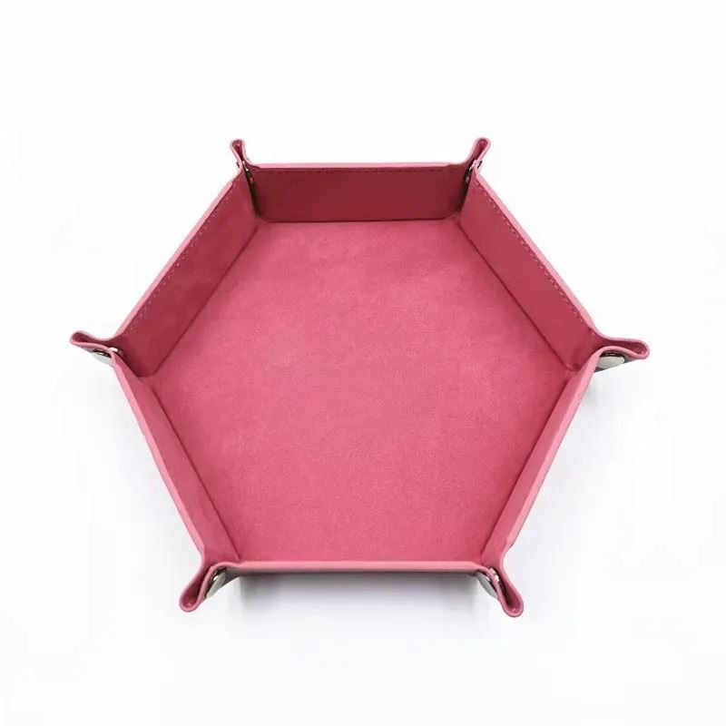 Pink Velvet & Brown PU Leather - Hexagon Hard Dice Tray