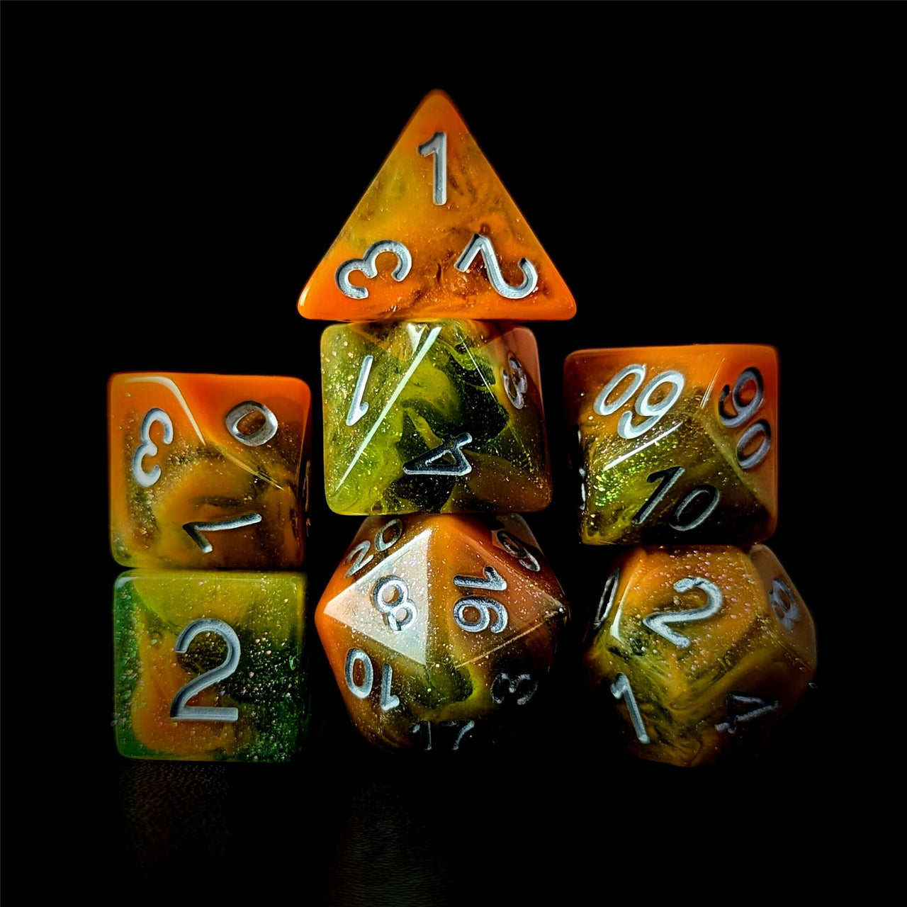 Glitter in Orange & Green Resin - 7pcs RPG Full Dice Set