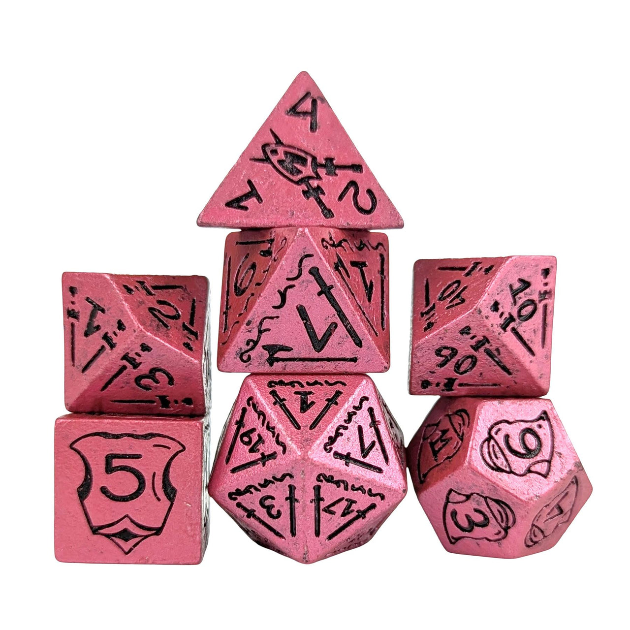 7pcs RPG Full Dice Set - Black Pattern on Pink Resin