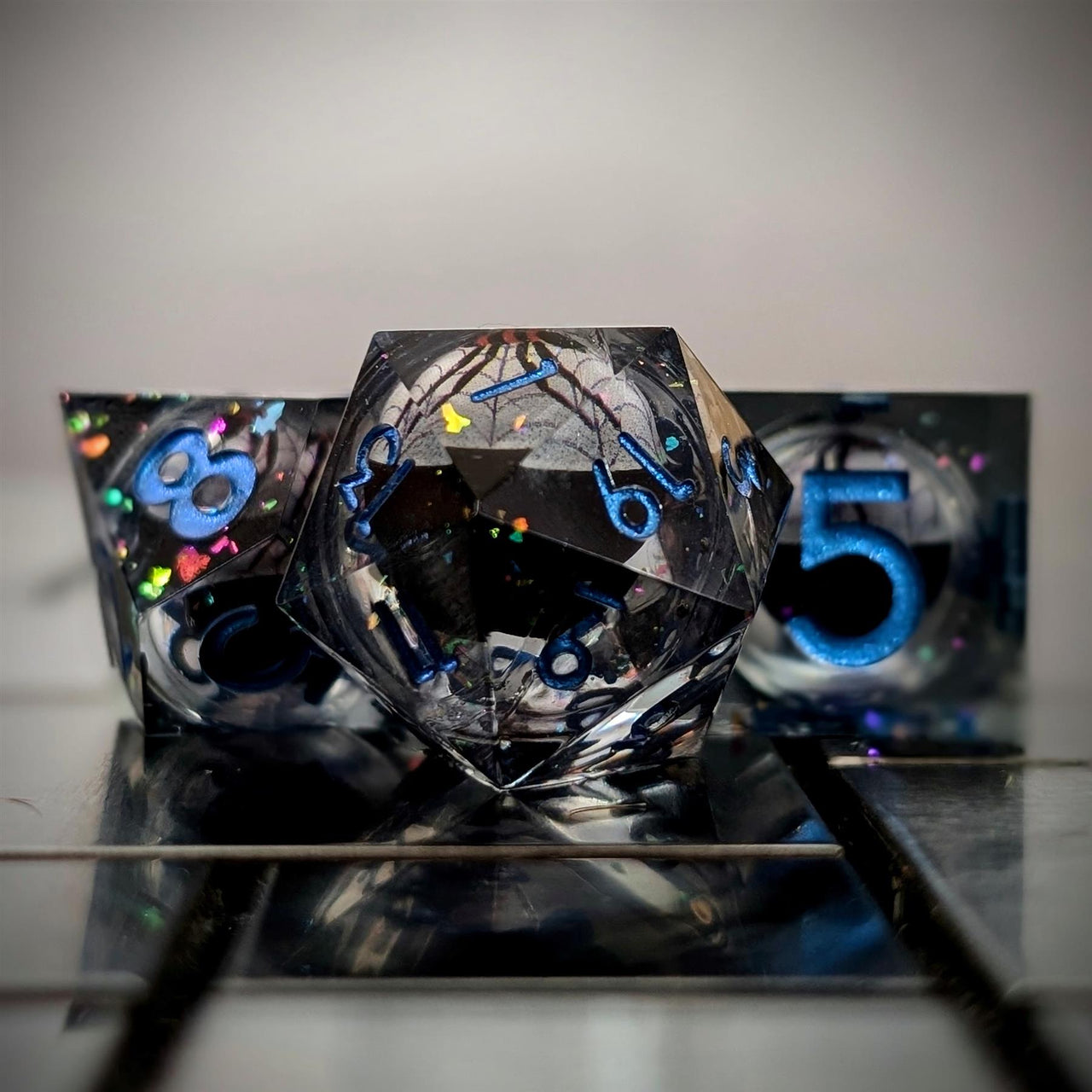 Spider Ball in Clear & Black Filled Sharp Resin - 7pcs RPG Dice Set