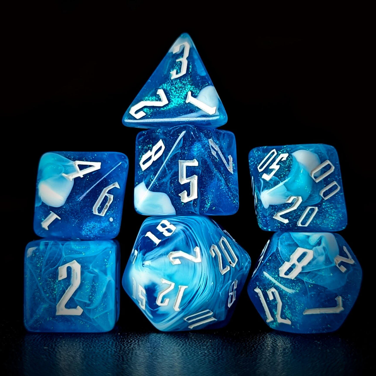 Glitter in Blue & White Acrylic - 7pcs RPG Full Dice Set Dark Stack