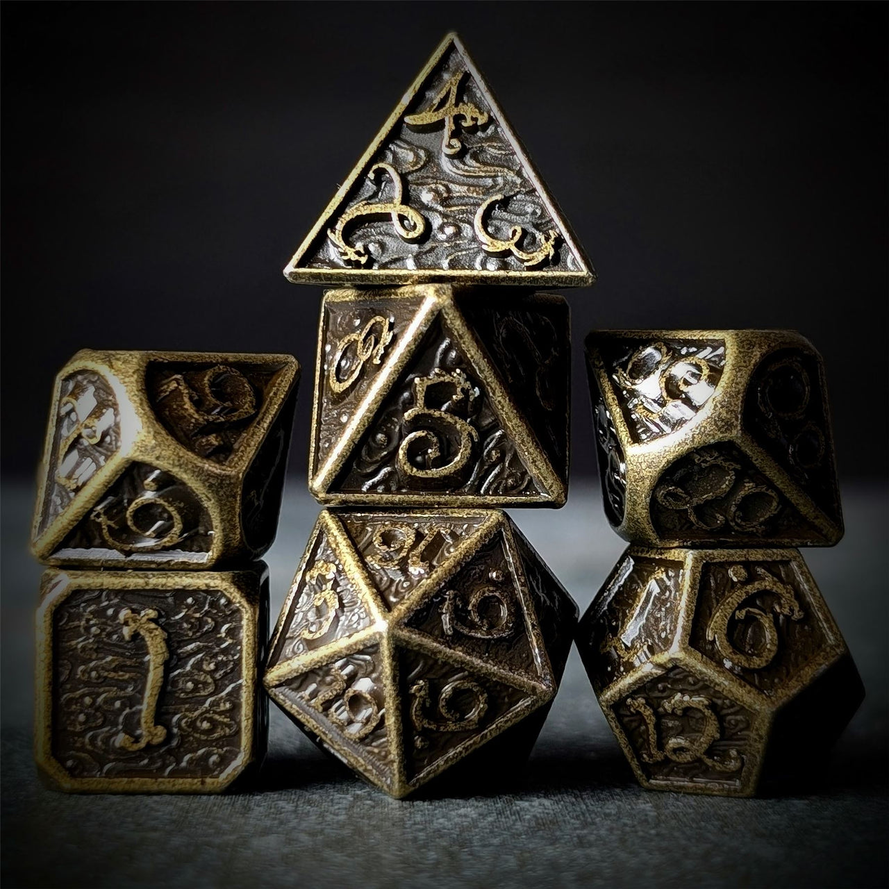 Bronze Metal with Dragon Font - 7pcs RPG Dice Set