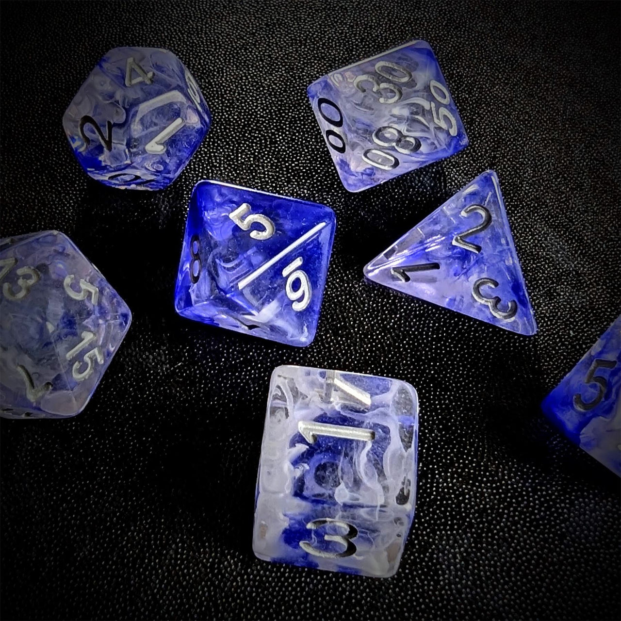 Blue & White Swirl in Clear Resin - 7pcs RPG Full Dice Set