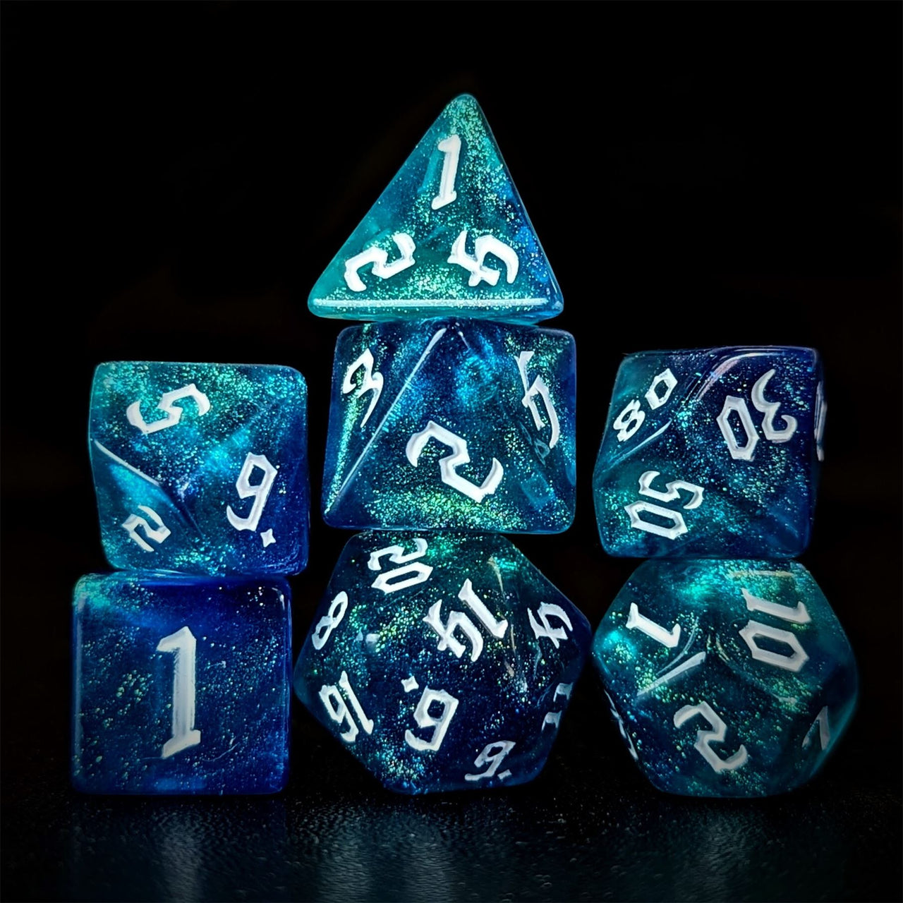 Glitter in Blue & Cyan Acrylic - 7pcs RPG Full Dice Set Dark Stack