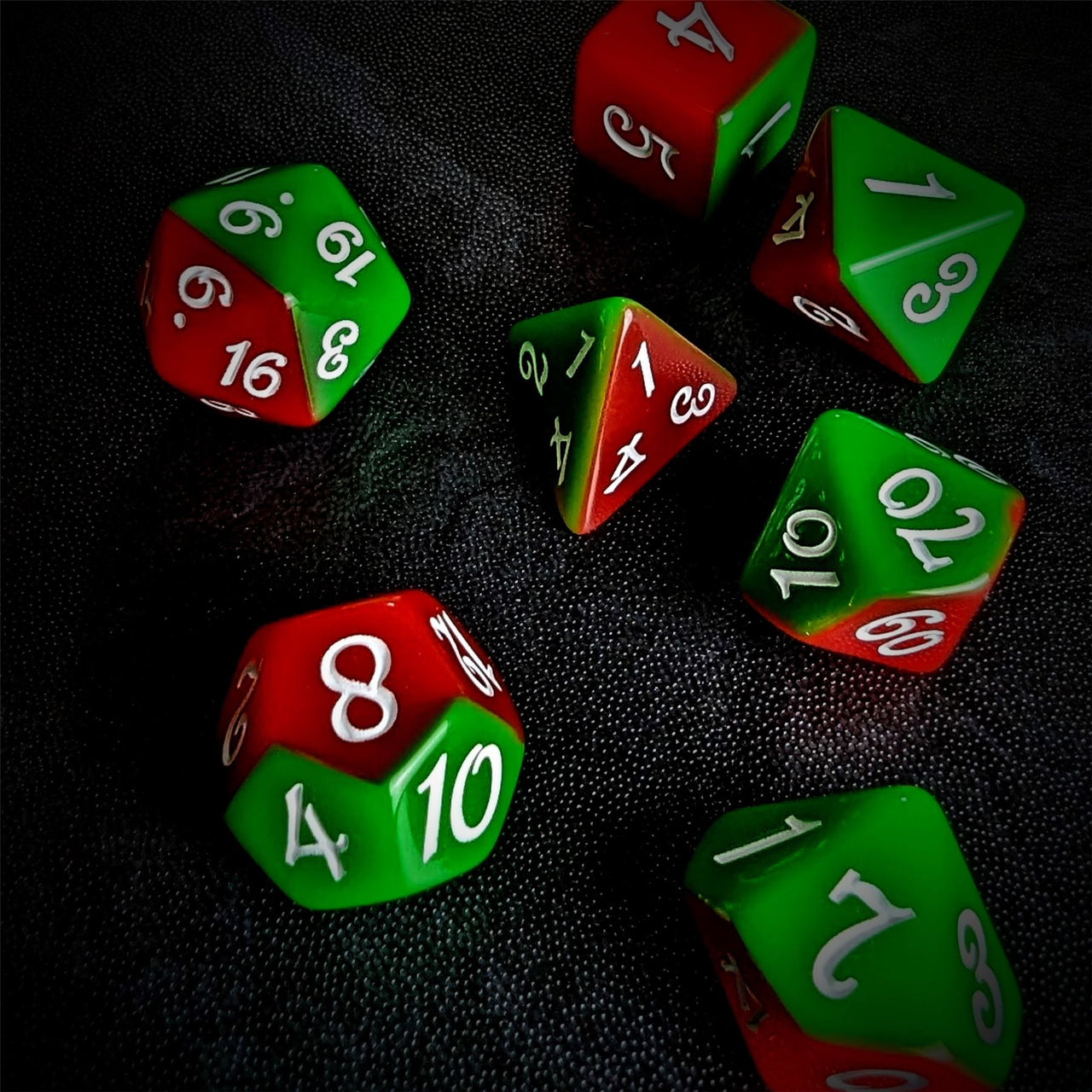 Blend of Red & Green Acrylic - 7pcs RPG Full Dice Set Scatter