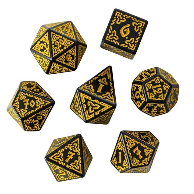 Yellow Celtic Knot on Black Acrylic - 7pcs RPG Full Dice Set