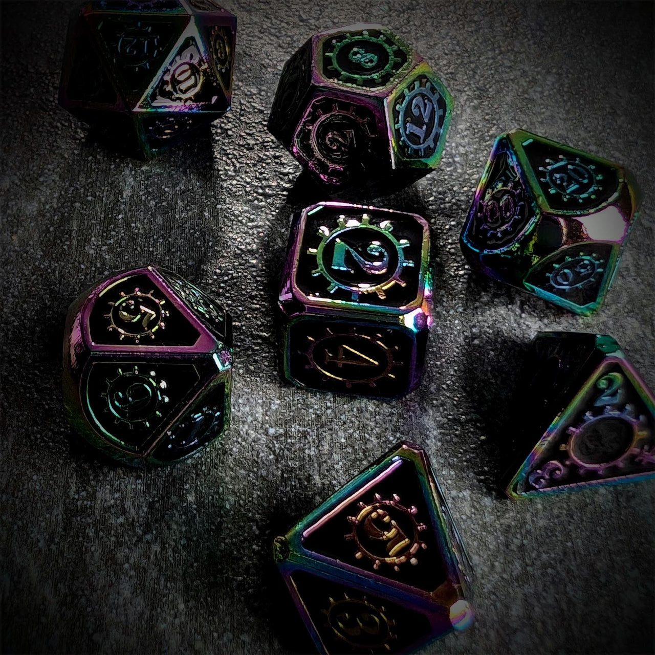 Gear in Black Enamel Rainbow Metal - 7pcs RPG Dice Set