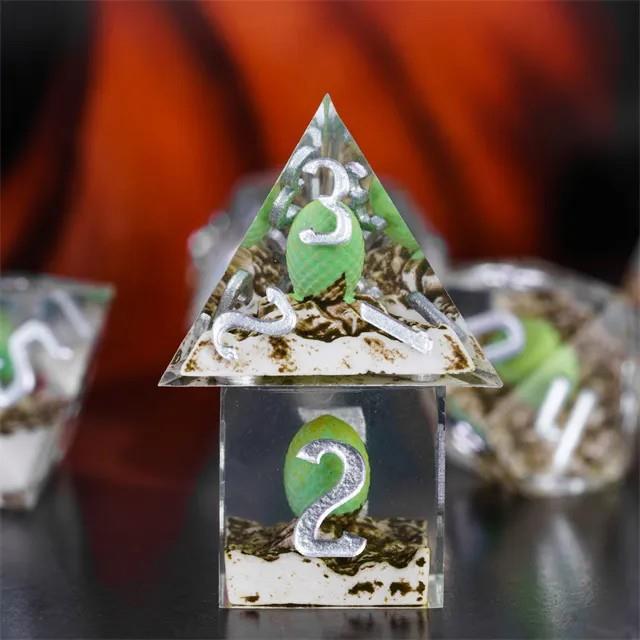 Green Dragon Egg in Clear Filled Sharp Resin - 7pcs RPG Dice Set