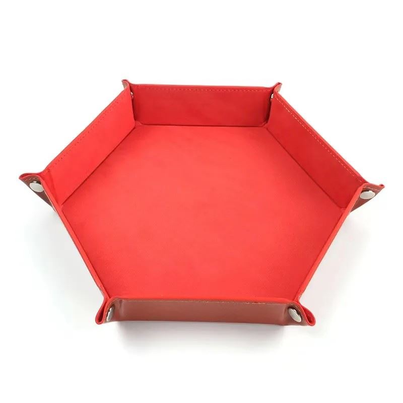 Red Velvet & Brown PU Leather - Hexagon Hard Dice Tray