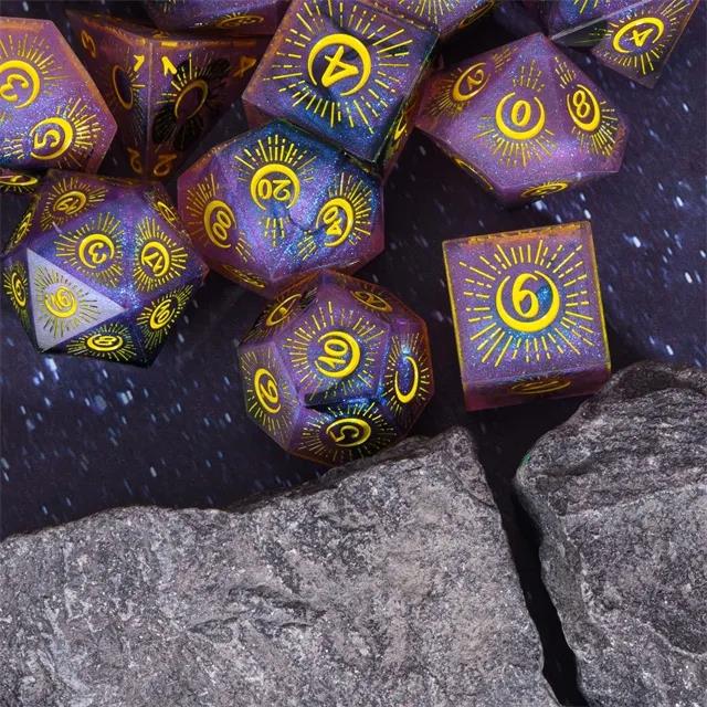 Moon on Purple with Black Swirl Sharp Resin - 7pcs RPG Dice Set