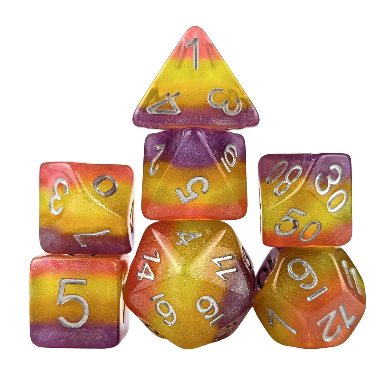 Glitter in Purple, Yellow & Red Resin - 7pcs RPG Full Dice Set