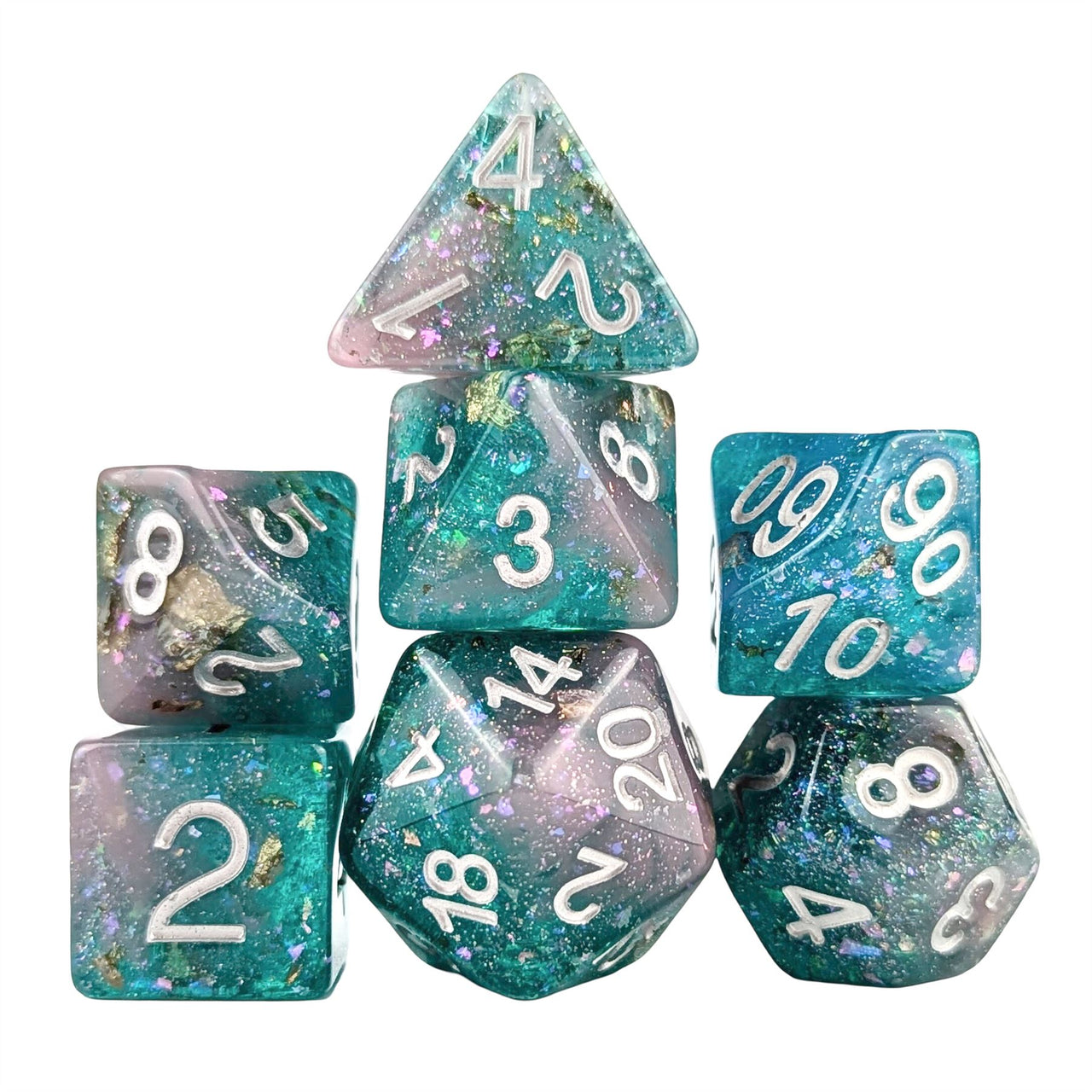 Glitter in Pink & Cyan Resin - 7pcs RPG Full Dice Set