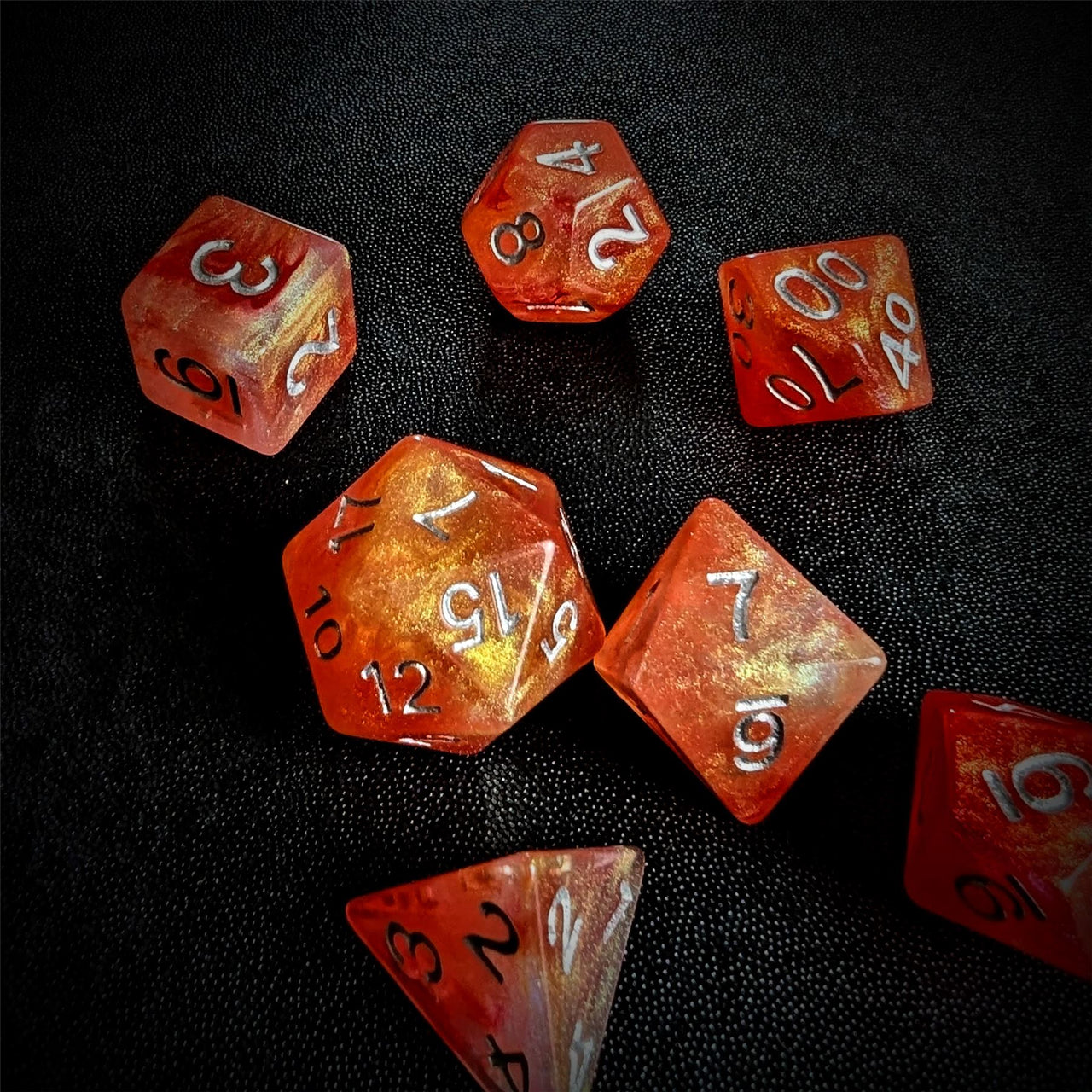 Glitter in Orange & Red Resin - 7pcs RPG Full Dice Set