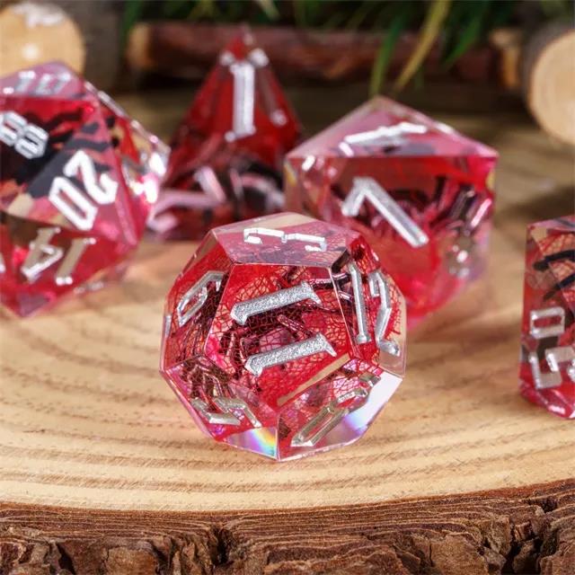 Spider in Clear & Red Filled Sharp Resin - 7pcs RPG Dice Set