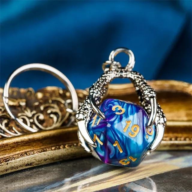 Blue & Purple Acrylic in  Silver Metal Claw - D20 Keyring