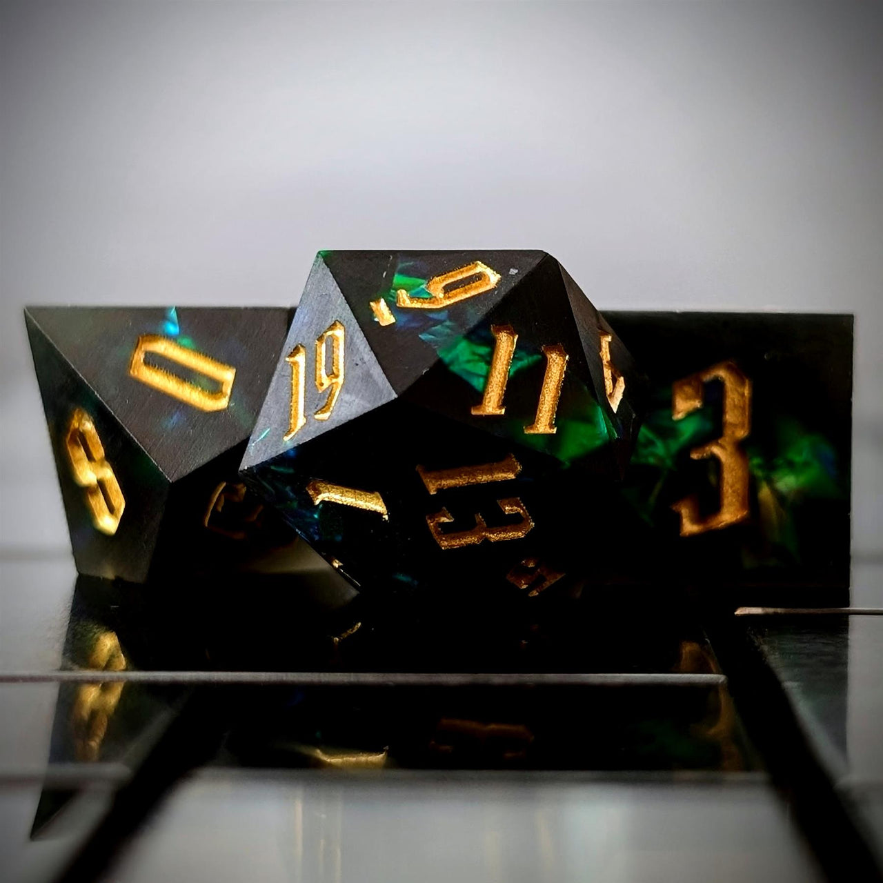 Green Candy in Frosted Black Sharp Resin - 7pcs RPG Dice Set