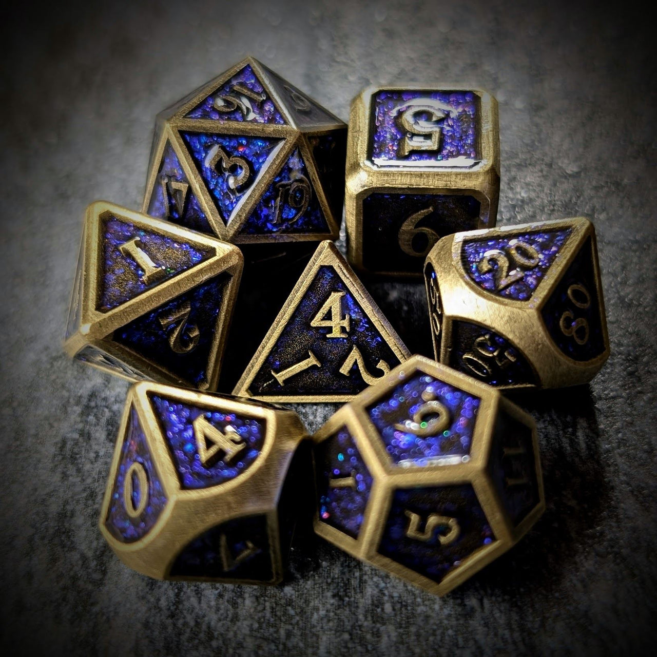 Glitter Blue Enamel in Bronze Metal - 7pcs RPG Dice Set