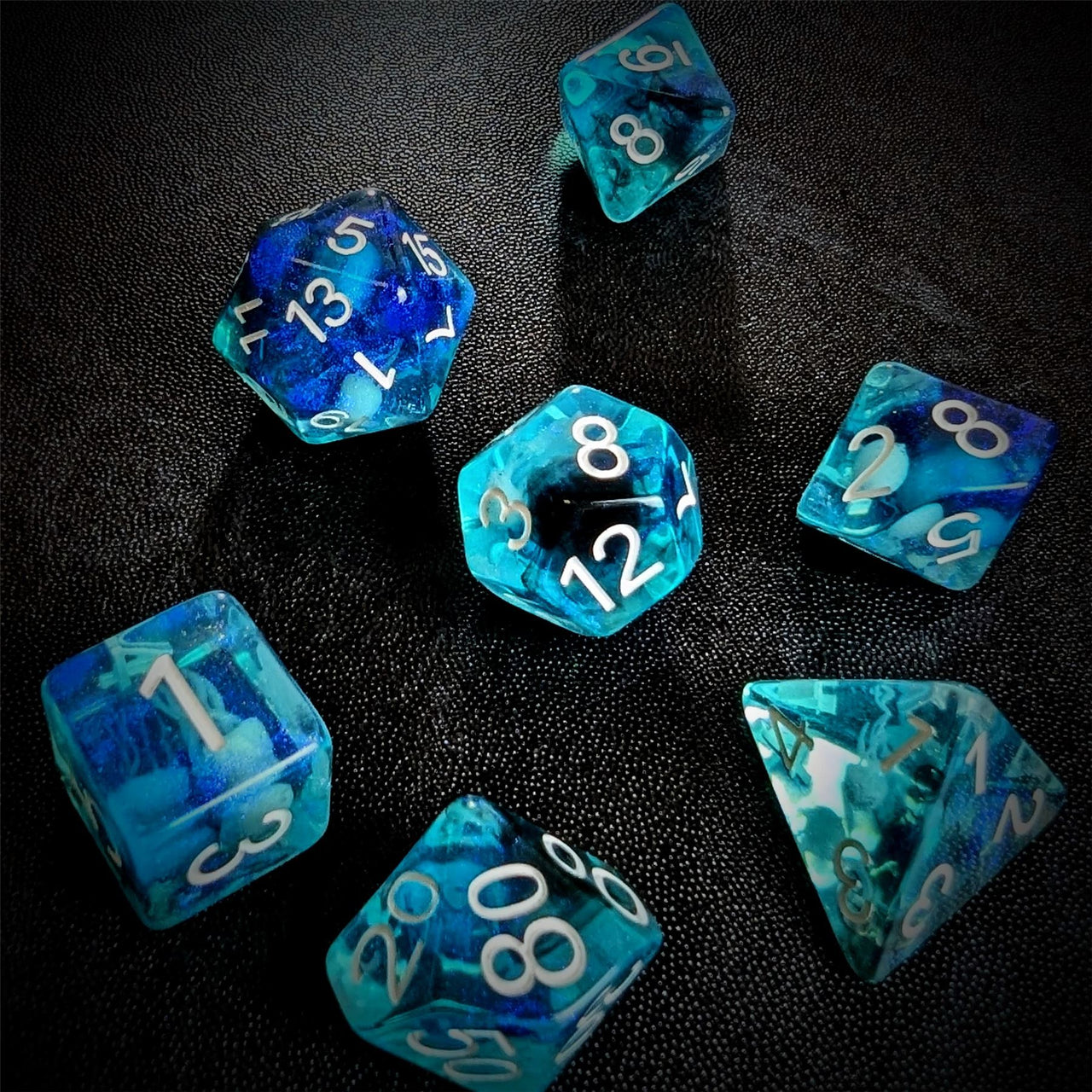 Glow in the Dark Jellyfish in Clear & Blue Resin - 7pcs RPG Full Dice Set