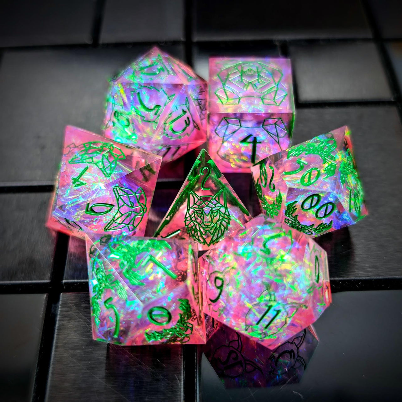 Beasts on Clear & Pink with Candy Sharp Resin - 7pcs RPG Dice Set
