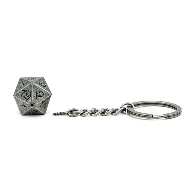 Worn Silver Metal - D20 Keyring