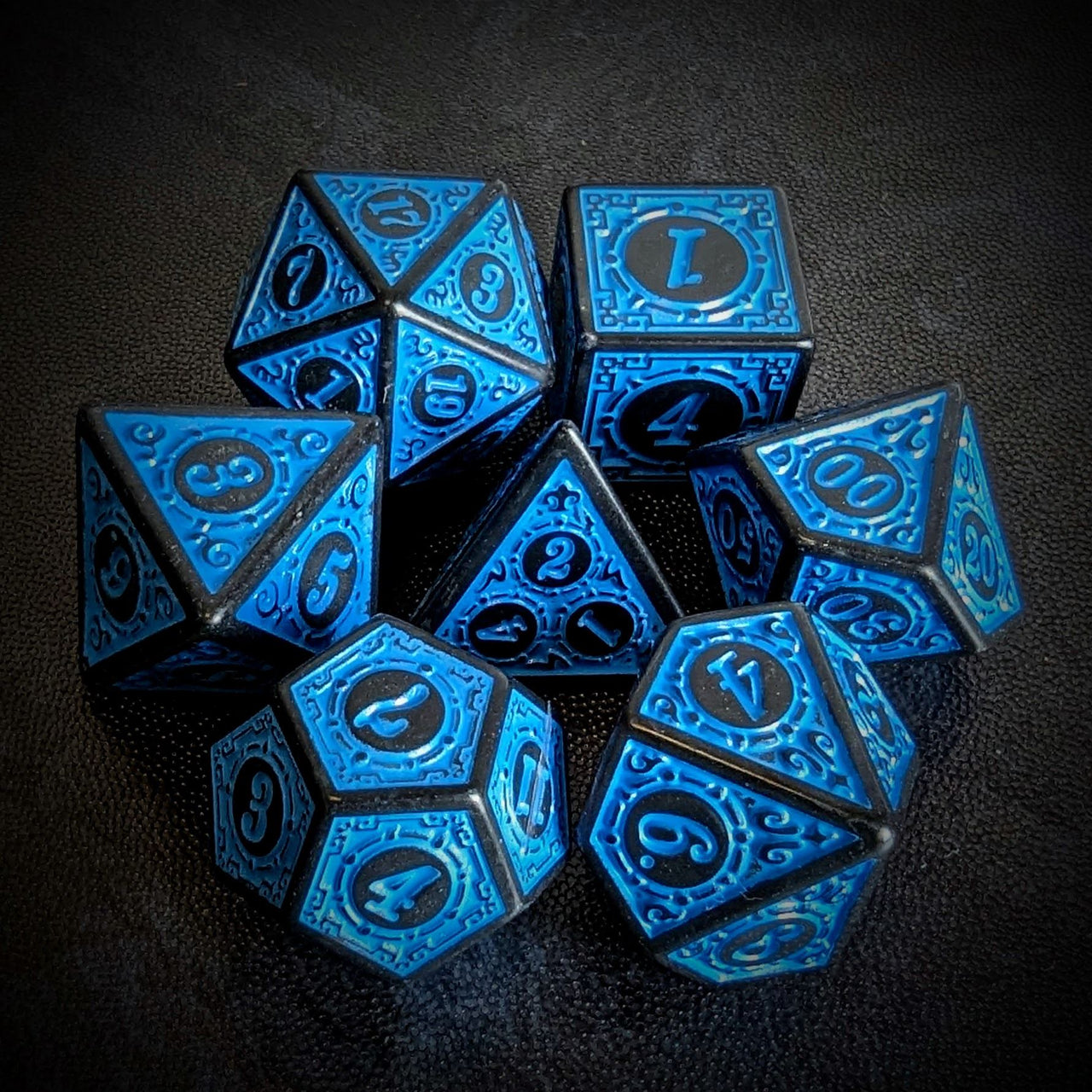 Blue Lattice on Black Acrylic - 7pcs RPG Full Dice Set Top