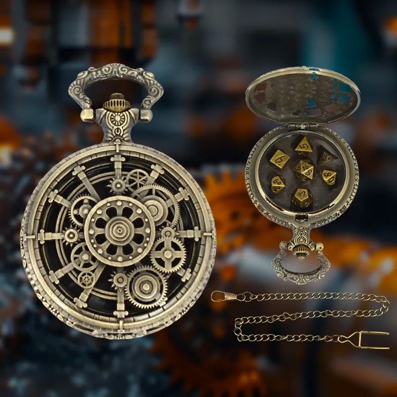 Cog Wheel on Bronze Pocket Watch with Mini Dice - Pendant