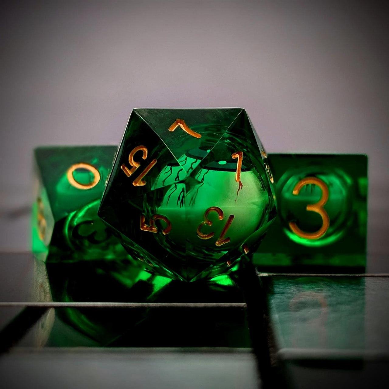 Green Eye Ball in Clear & Blue Liquid Filled Sharp Resin - 7pcs RPG Dice Set