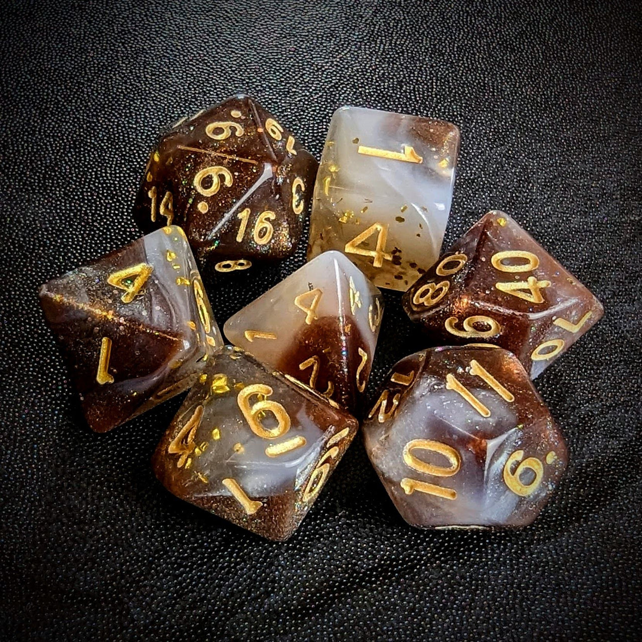 Glitter in White & Brown Acrylic - 7pcs RPG Full Dice Set Top