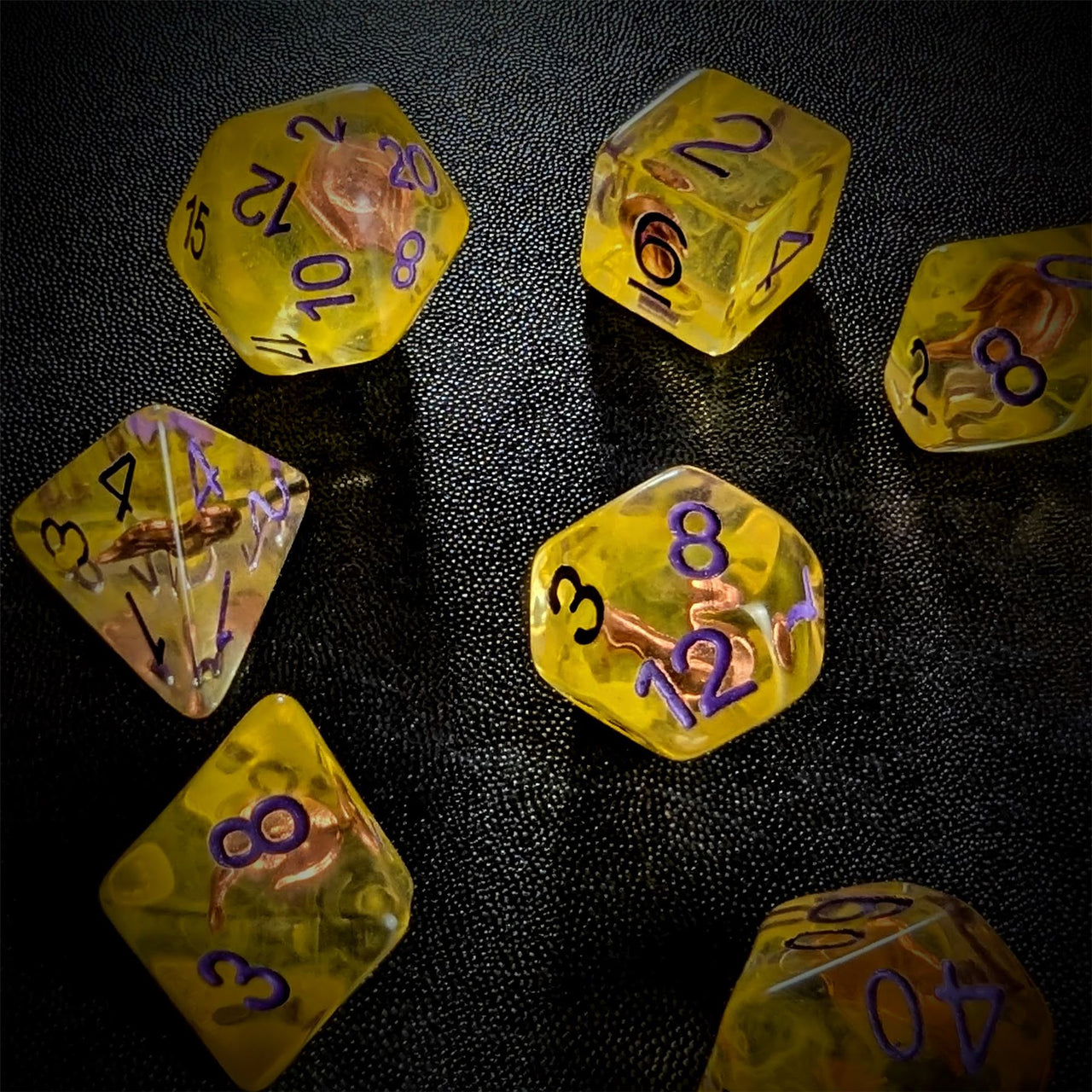 Fire in Clear & Yellow Resin - 7pcs RPG Full Dice Set