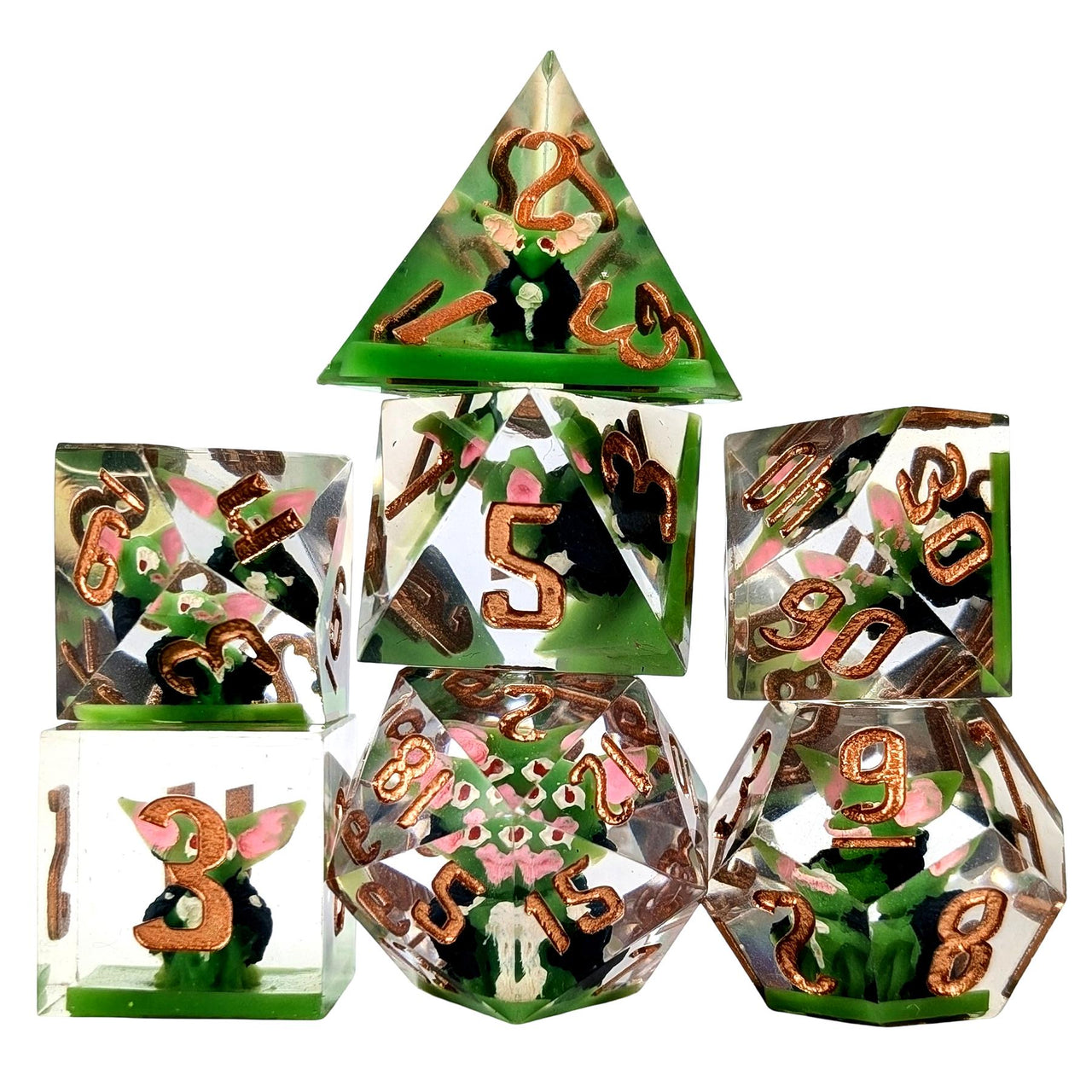 Goblin in Green & Clear Filled Sharp Resin - 7pcs RPG Dice Set
