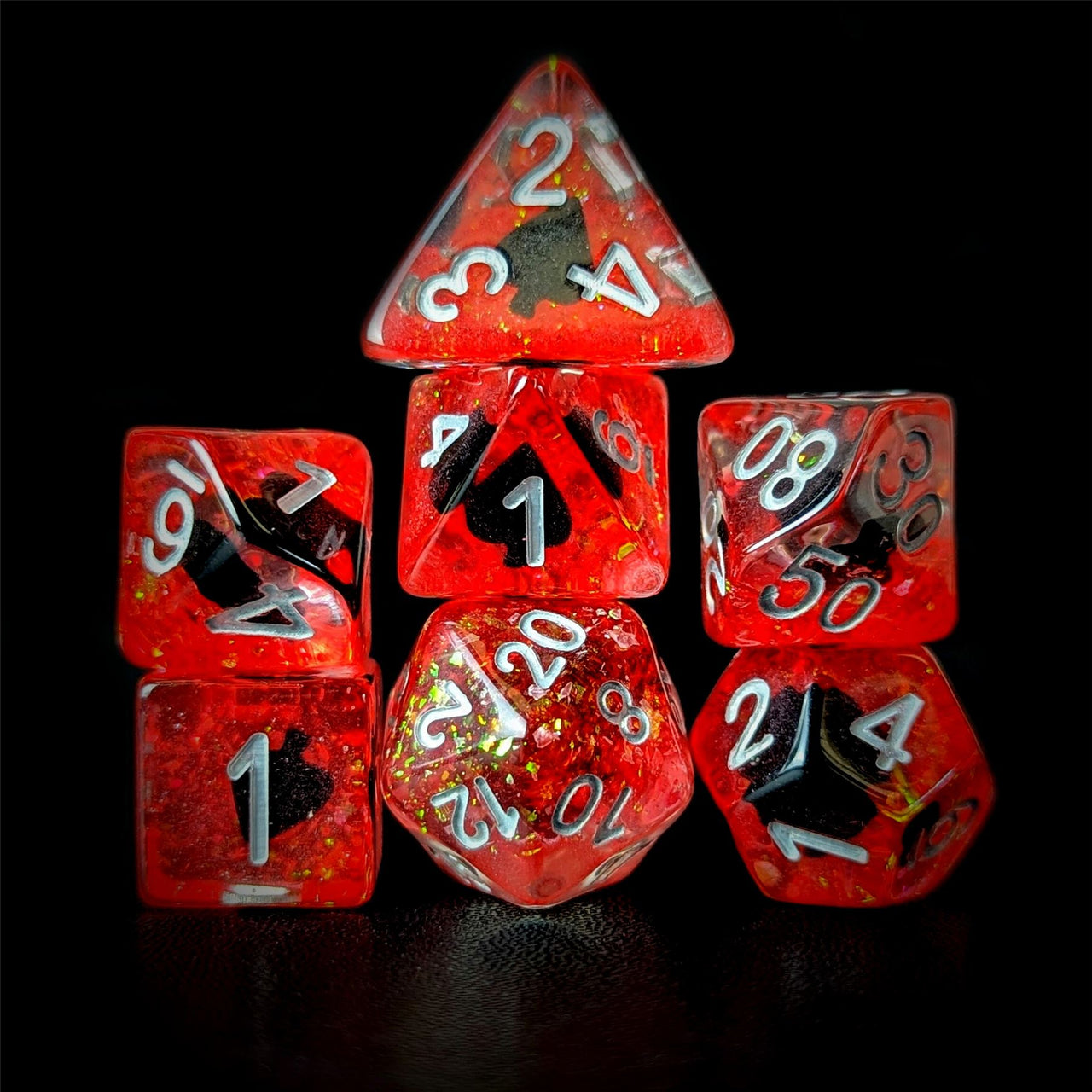 Spades in Clear & Red Resin - 7pcs RPG Full Dice Set