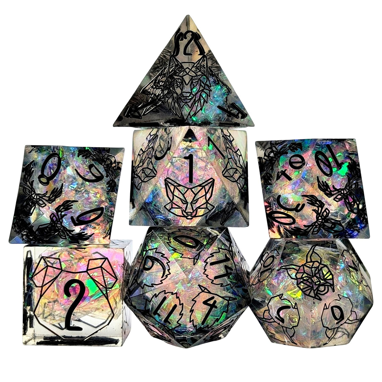 Beasts on Clear with Candy Sharp Resin - 7pcs RPG Dice Set
