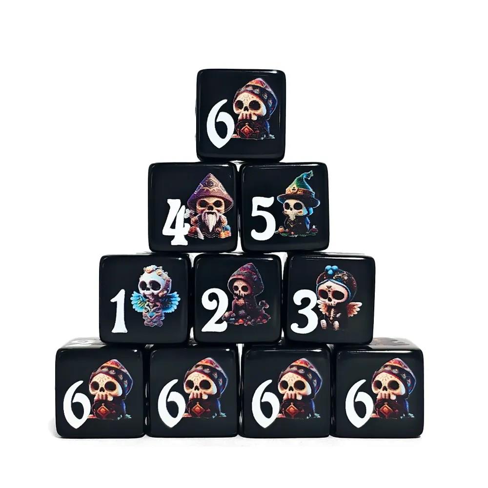 6pcs D6 16mm Dice Acrylic Printed Skull Mage White Font Black
