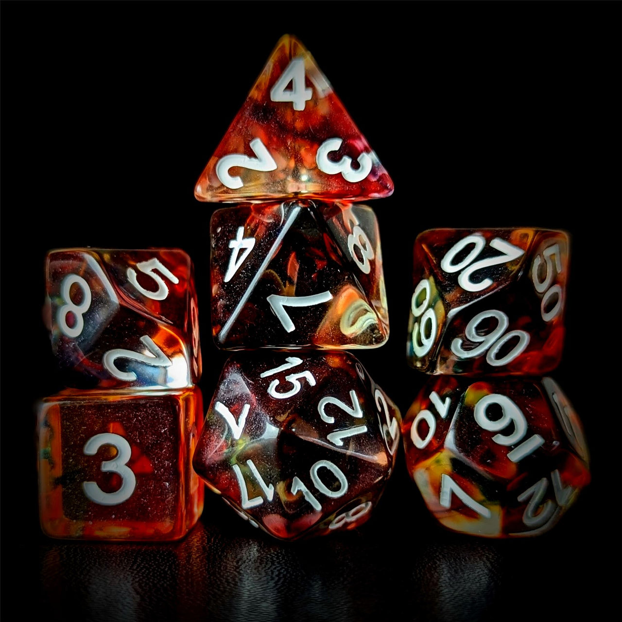 Red & Black with Blue Swirl in Clear Resin - 7pcs RPG Full Dice Set