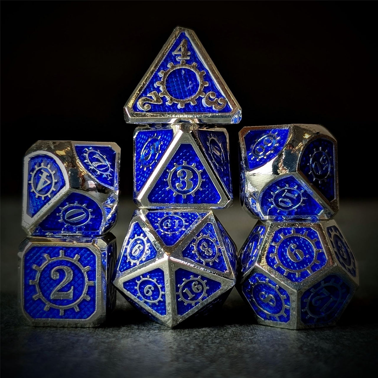 Gear in Blue Enamel Silver Metal - 7pcs RPG Dice Set