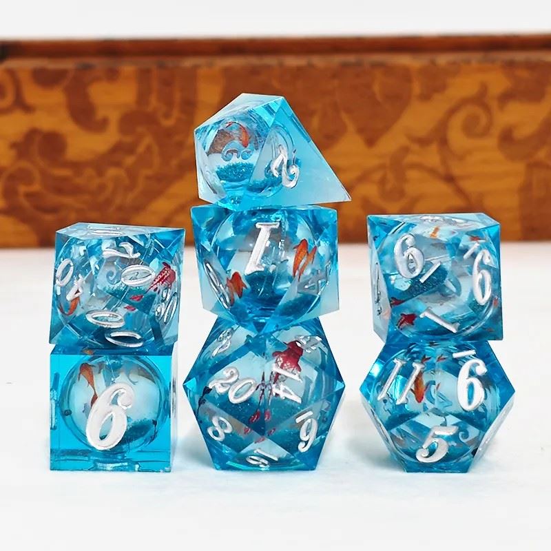 Fish Ball in Clear & Blue Filled Sharp Resin - 7pcs RPG Dice Set