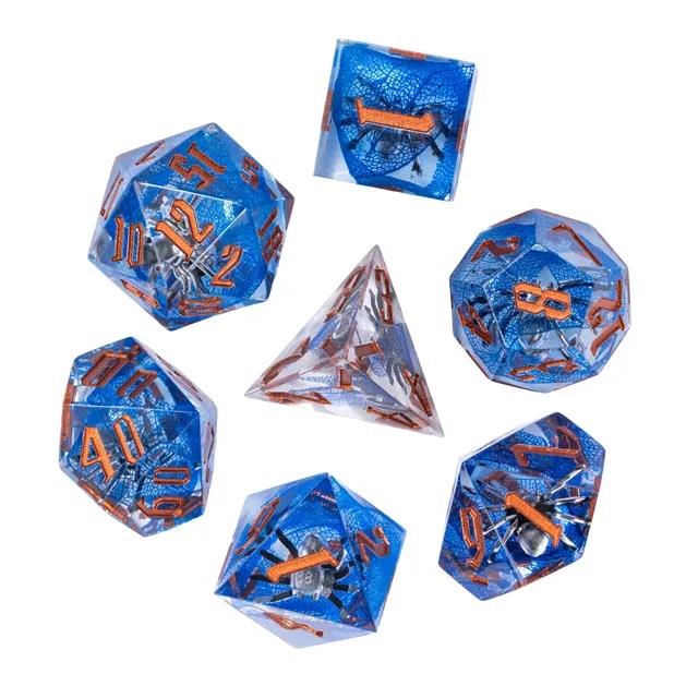 Spider in Clear & Blue Filled Sharp Resin - 7pcs RPG Dice Set