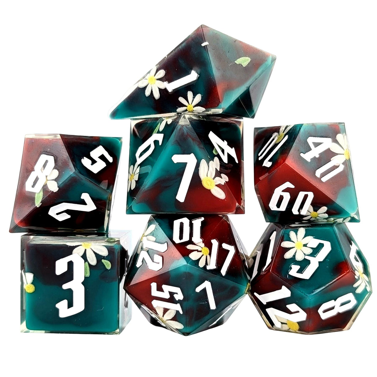 White Flower in Red & Green Filled Sharp Resin - 7pcs RPG Dice Set
