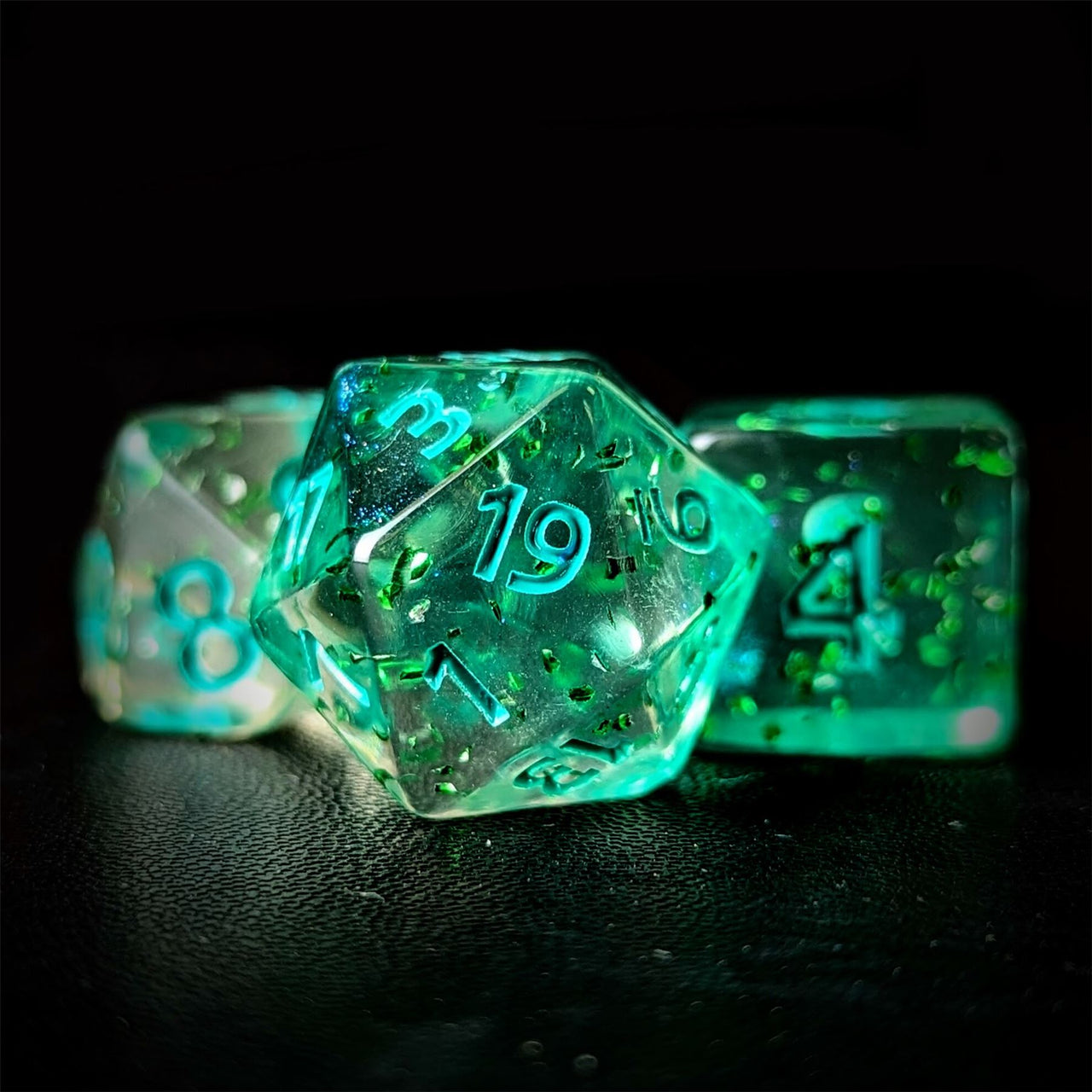 Glitter in Clear Green Acrylic - 7pcs RPG Full Dice Set Close