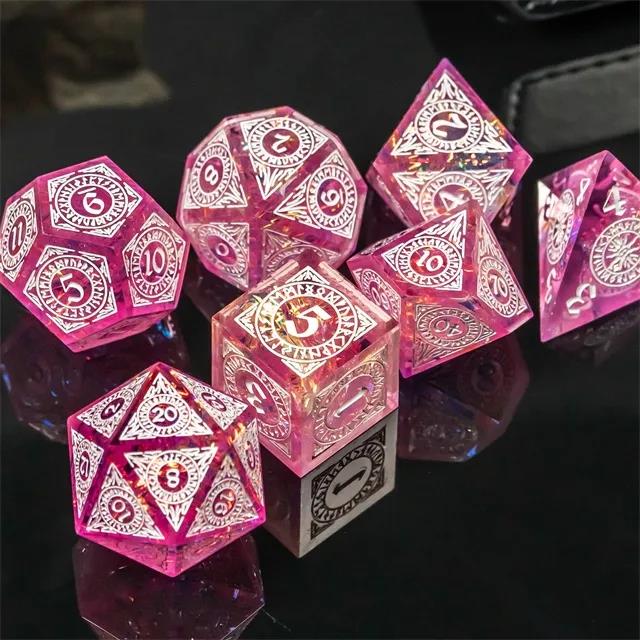 White Pattern on Pink with Candy Sharp Resin - 7pcs RPG Dice Set