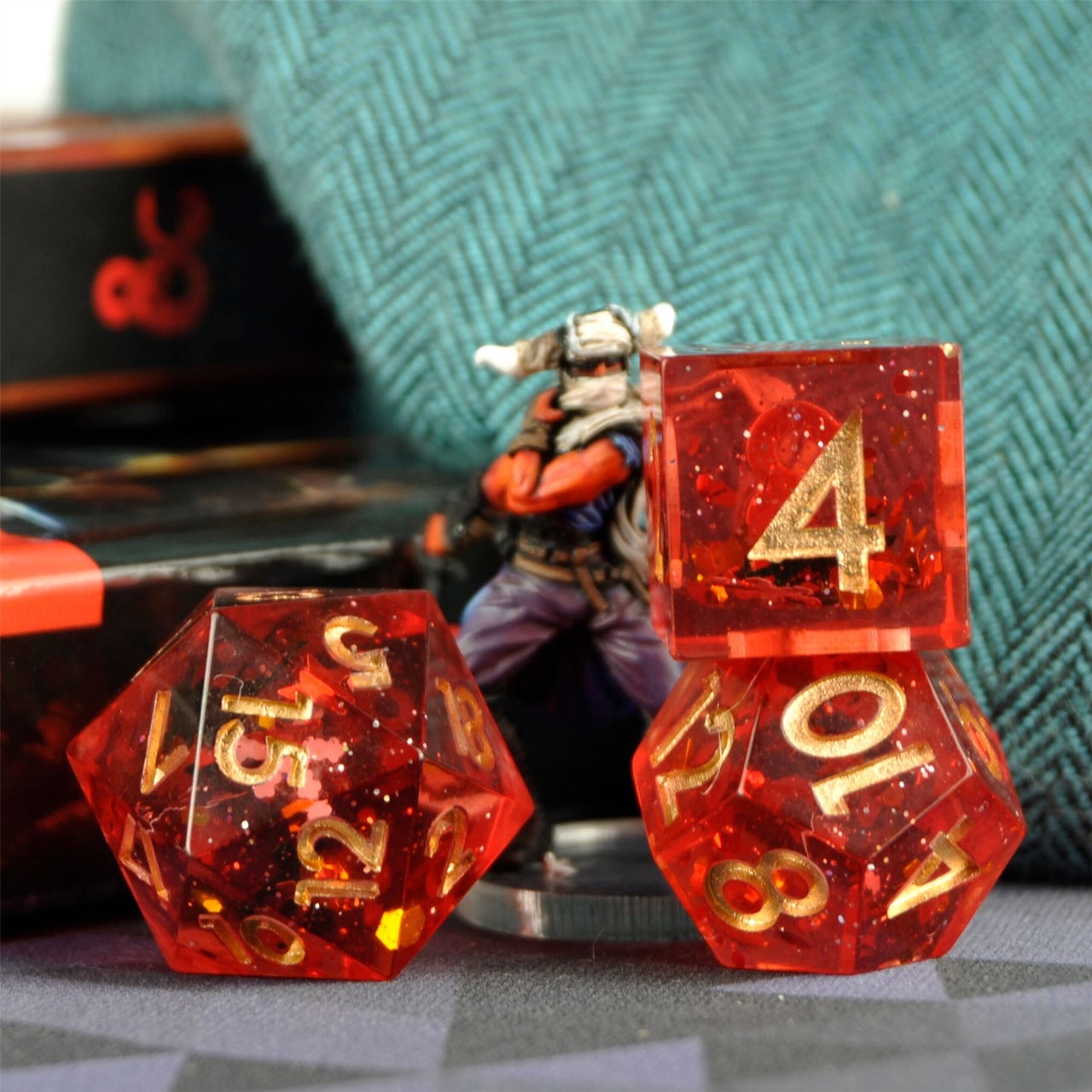 Snow in Red & Clear Filled Sharp Resin - 7pcs RPG Dice Set