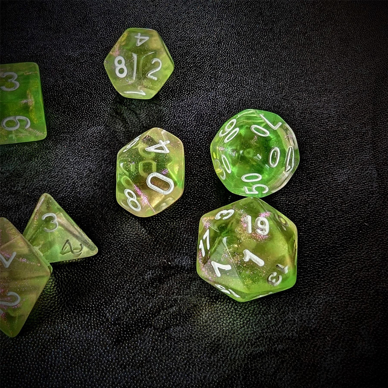 Glitter in Green & Yellow in Clear Acrylic - 7pcs RPG Full Dice Set Scatter