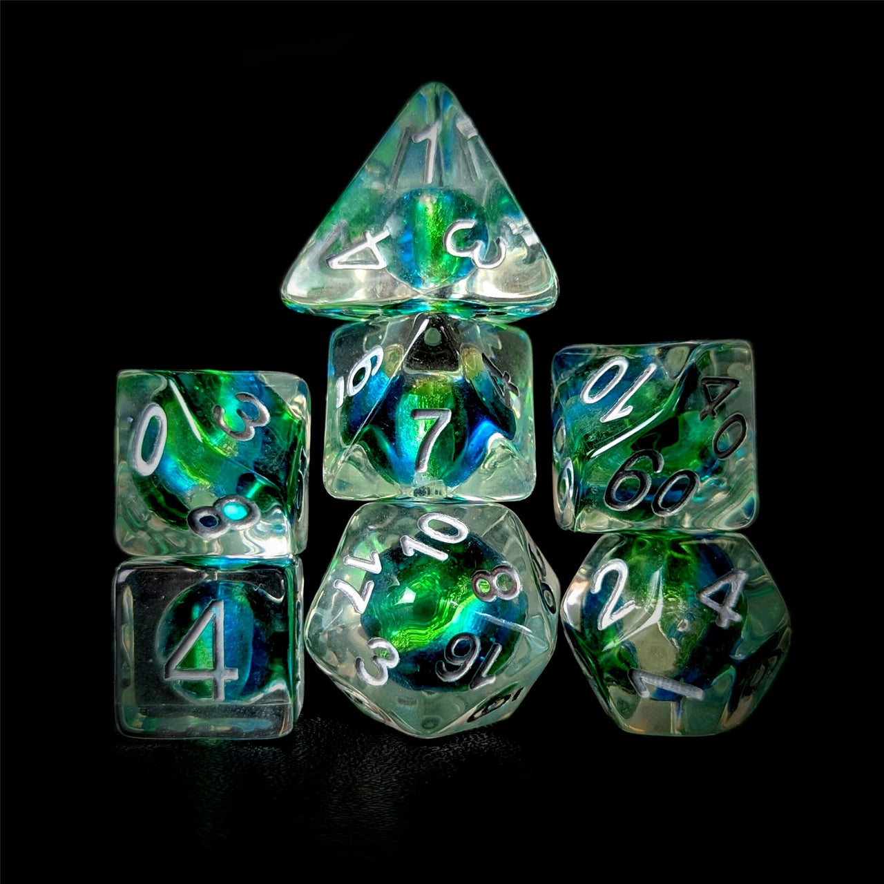 Blue & Cyan Bead in Clear Resin - 7pcs RPG Full Dice Set